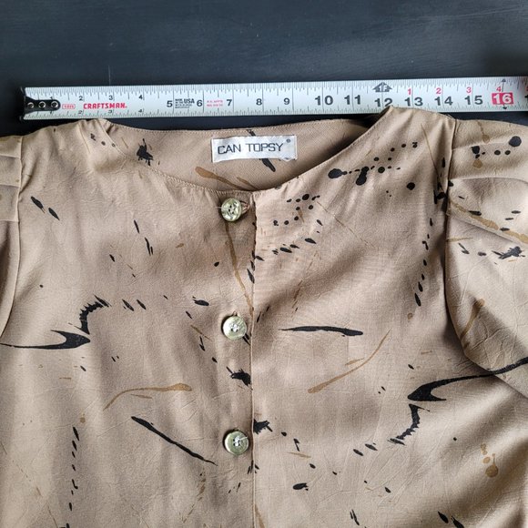 Vintage 80s Neutral Paint Splatter Shoulder Pad Skirt Set Suit Separates - Picture 6 of 11